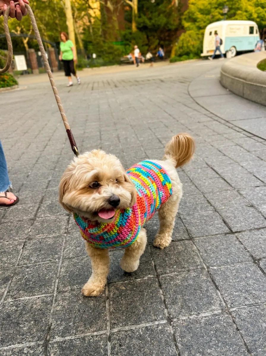 Penny, a small fluffy dog, walking in a NYC park in a rainbow hand-crocheted sweater
