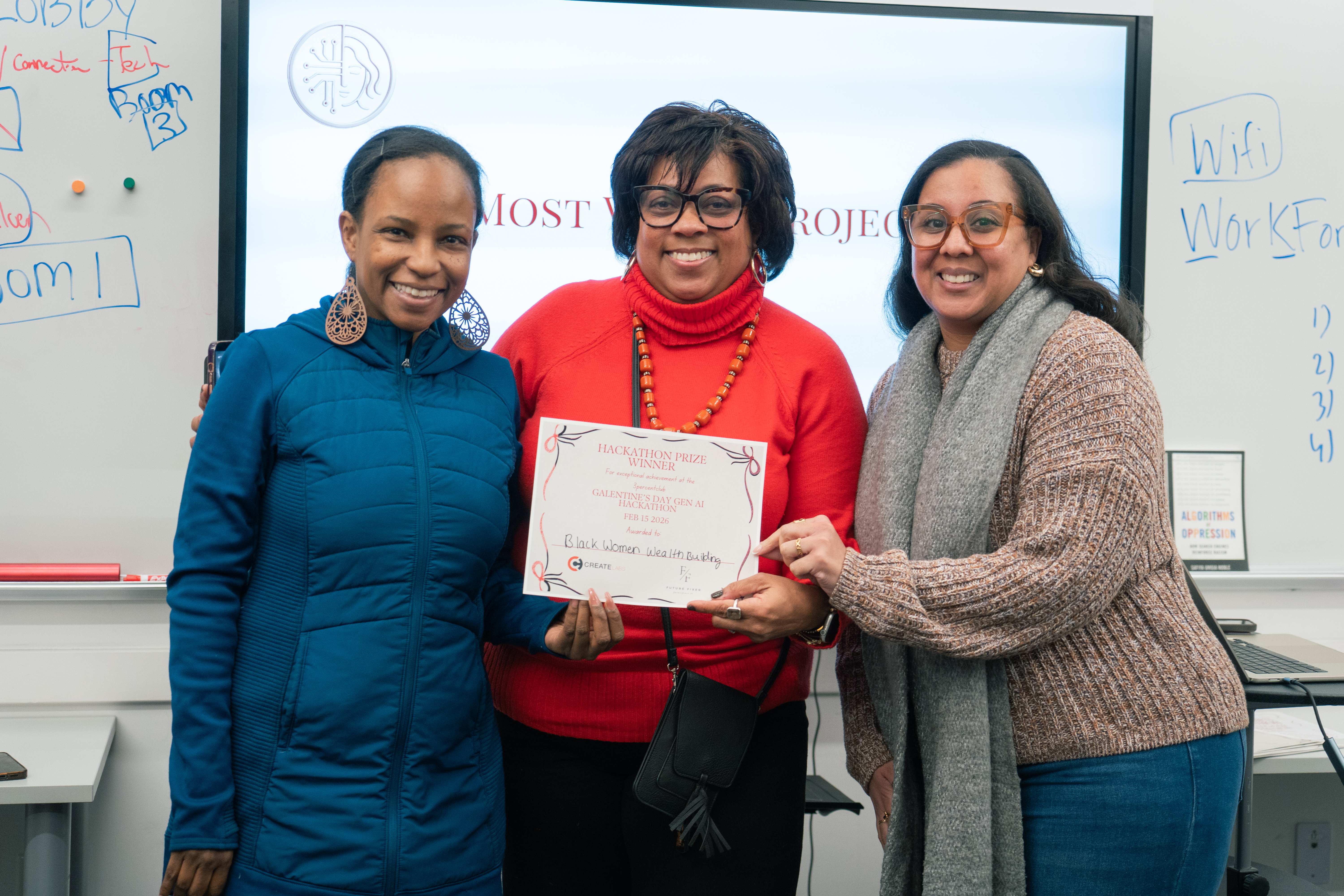 3percentclub Galentine's Day Hackathon prize winners holding certificates